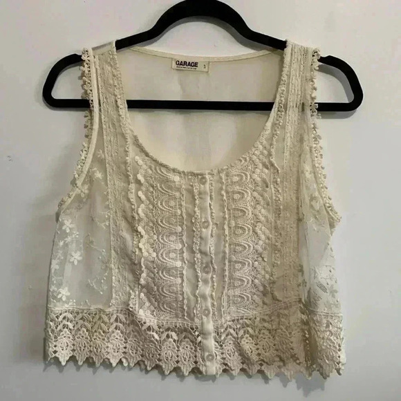 Garage  Sheer Lace Floral Button Down Tank Top - Picture 1 of 3